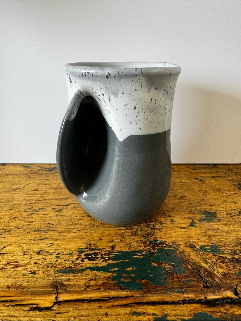Handcrafted Grey and White Pottery Hand Warmer Mug - Lefty